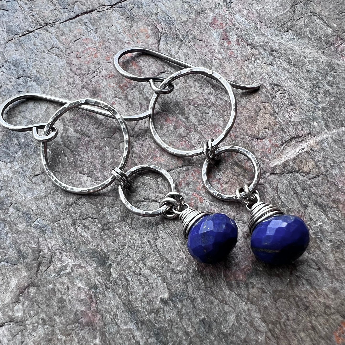 Lapis Lazuli Sterling Silver Earrings - Genuine Lapis Lazuli on Hammered Sterling Silver Circles