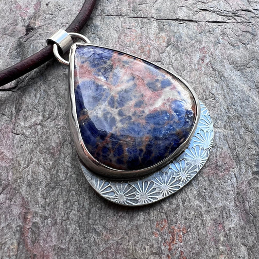 Large Sodalite and Sterling Silver Pendant Necklace - Handmade One-of-a-Kind Teardrop Pendant on Genuine Leather