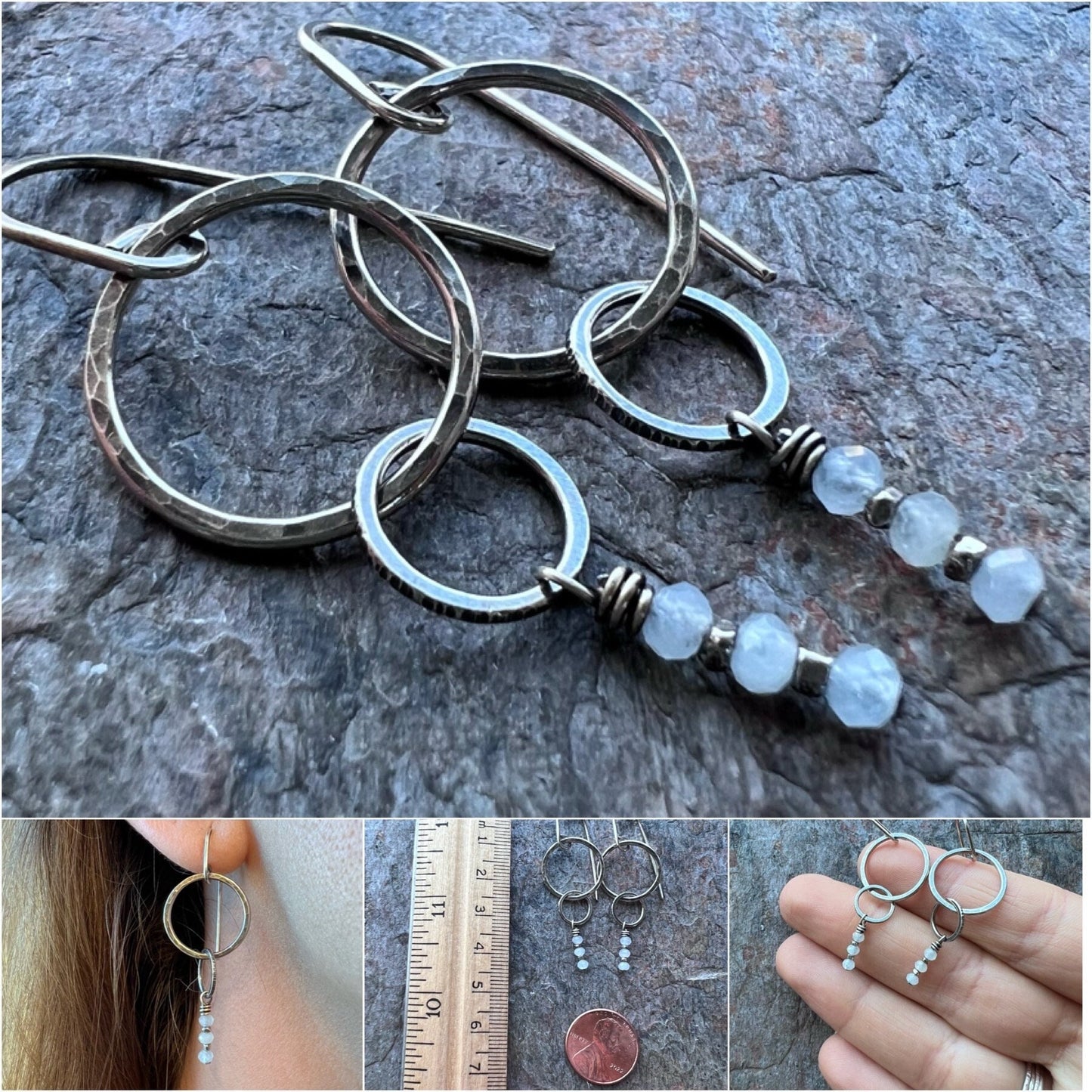 Aquamarine Sterling Silver Earrings - Genuine Aquamarine Rondelles and Hammered Sterling Silver Circle Earrings