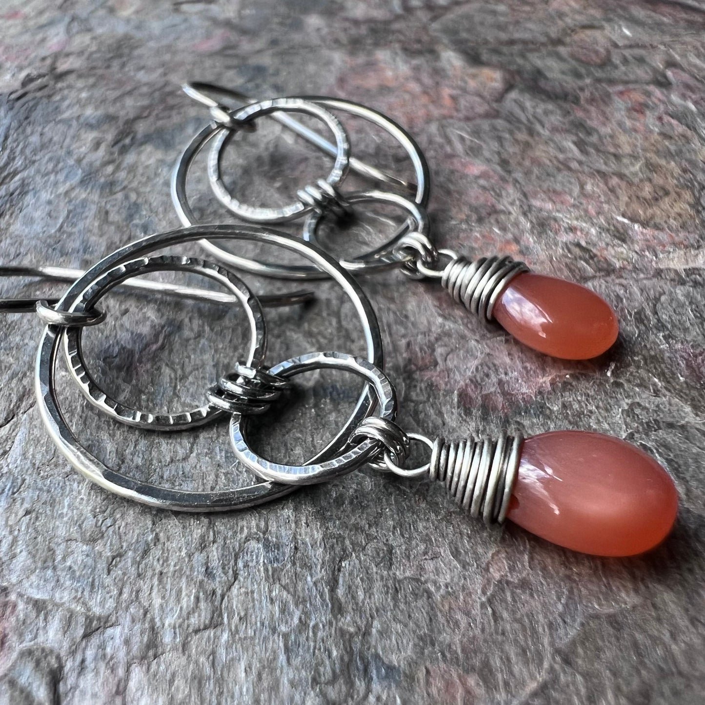 Peach Moonstone Sterling Silver Earrings - Peach Moonstone Teardrops and Hammered Circles on Sterling Silver Earwires