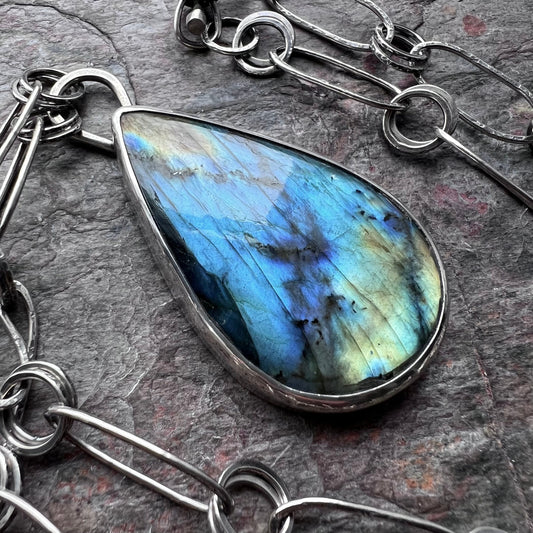 Labradorite Sterling Silver Necklace - One-of-a-kind Labradorite Pendant on Handmade Sterling Silver Chain