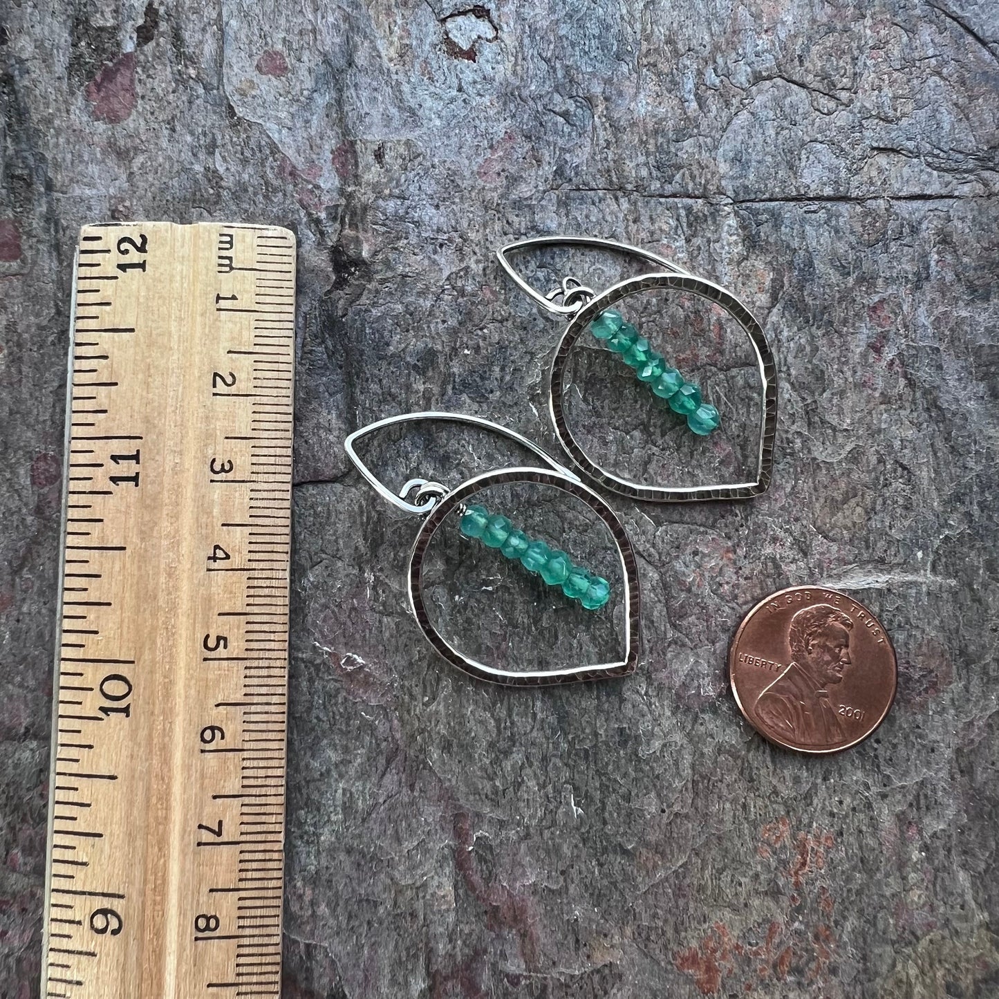 Sterling Silver Green Onyx Earrings - Handmade Sterling Silver Hammered Petal Earrings with Emerald Green Onyx Rondelles