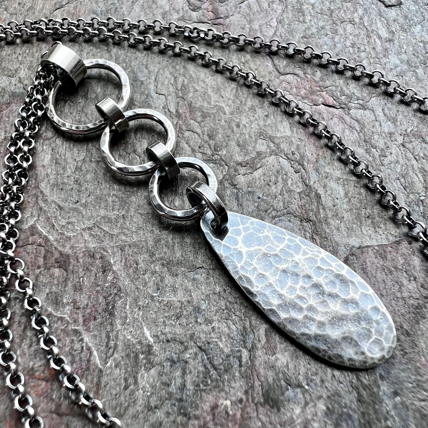 Sterling Silver Hammered Teardrop and Circles Necklace - Handmade Pendant on Sterling Silver Chain