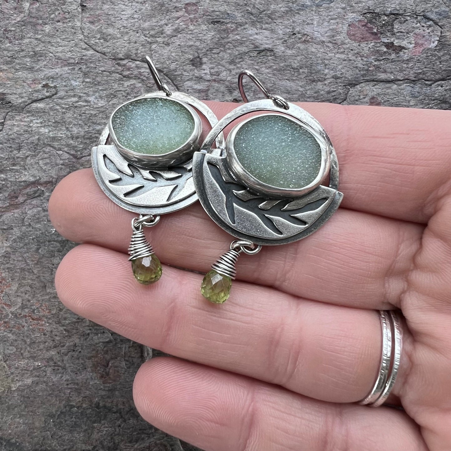 Sterling Silver Druzy and Peridot Earrings - Handmade One-of-a-kind Earrings
