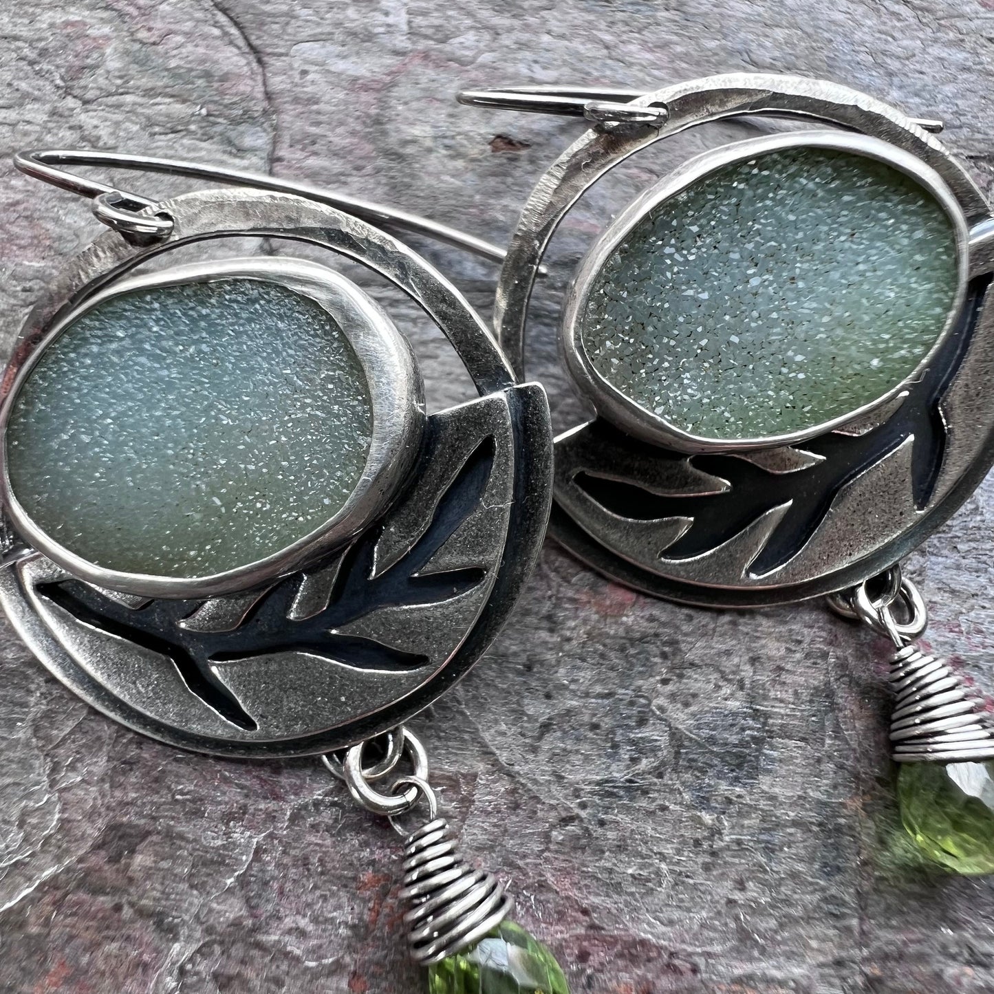 Sterling Silver Druzy and Peridot Earrings - Handmade One-of-a-kind Earrings
