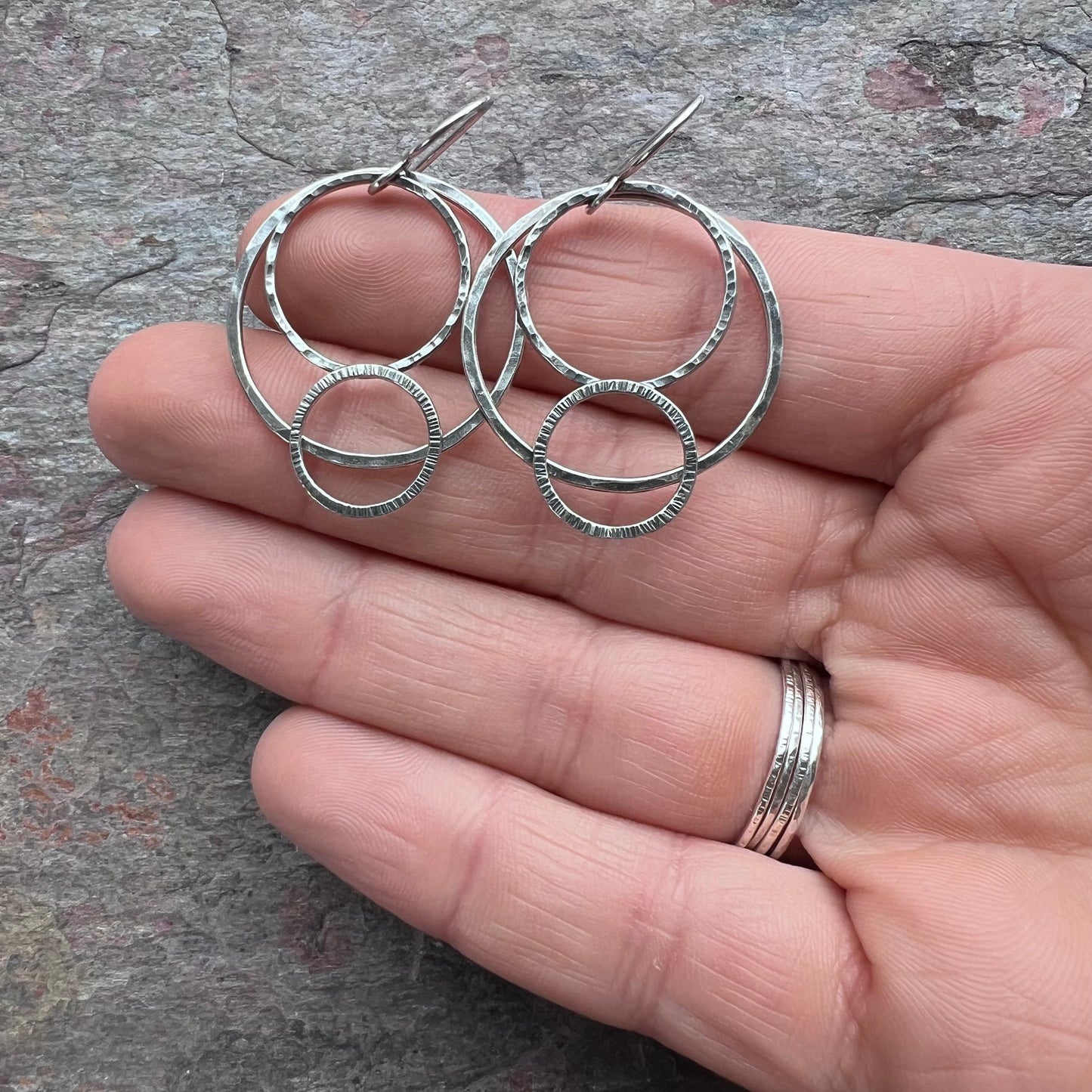 Sterling Silver Overlapping Circles Earrings - Hammered Sterling Silver Rings on Handmade Sterling Silver Earwires