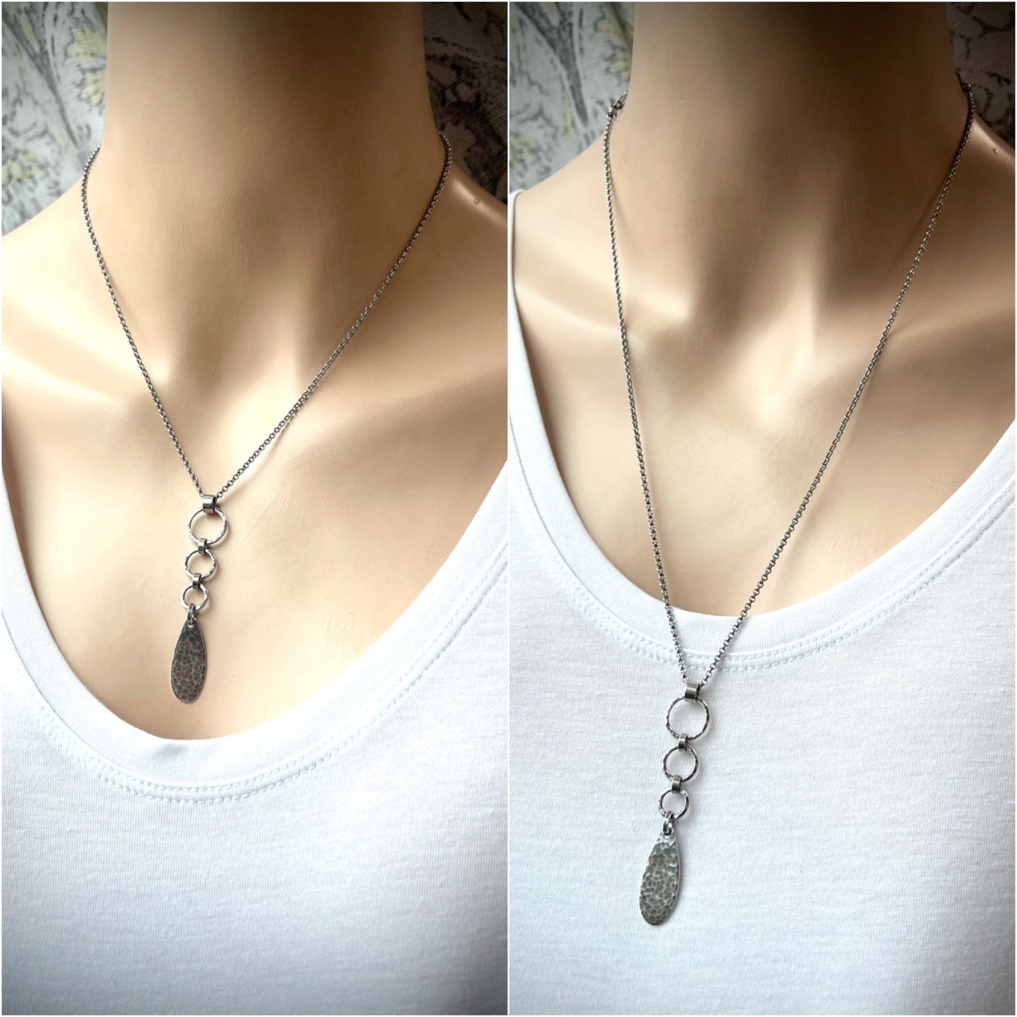 Sterling Silver Hammered Teardrop and Circles Necklace - Handmade Pendant on Sterling Silver Chain