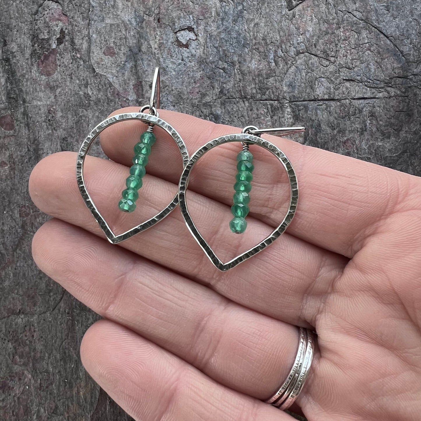 Sterling Silver Green Onyx Earrings - Handmade Sterling Silver Hammered Petal Earrings with Emerald Green Onyx Rondelles