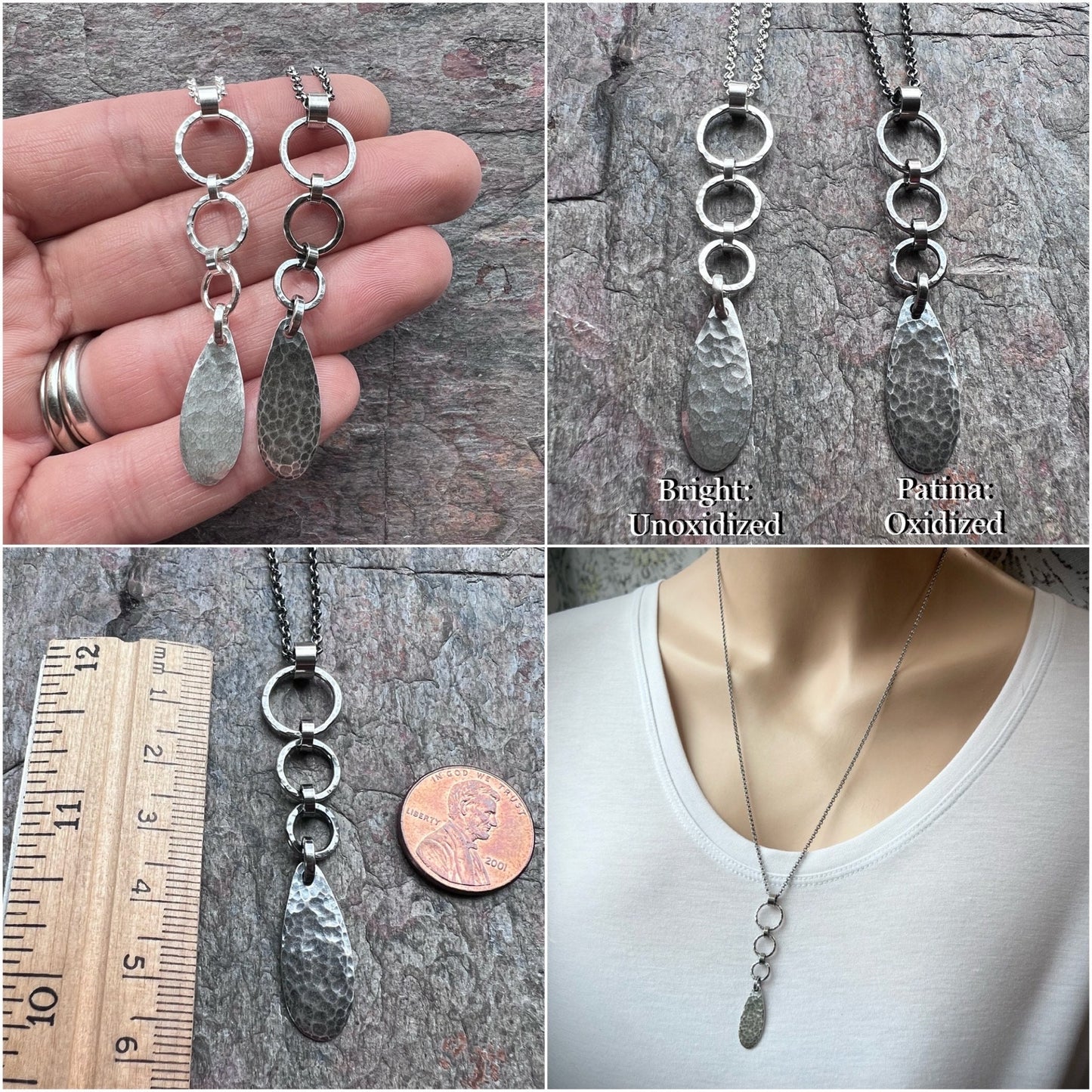 Sterling Silver Hammered Teardrop and Circles Necklace - Handmade Pendant on Sterling Silver Chain