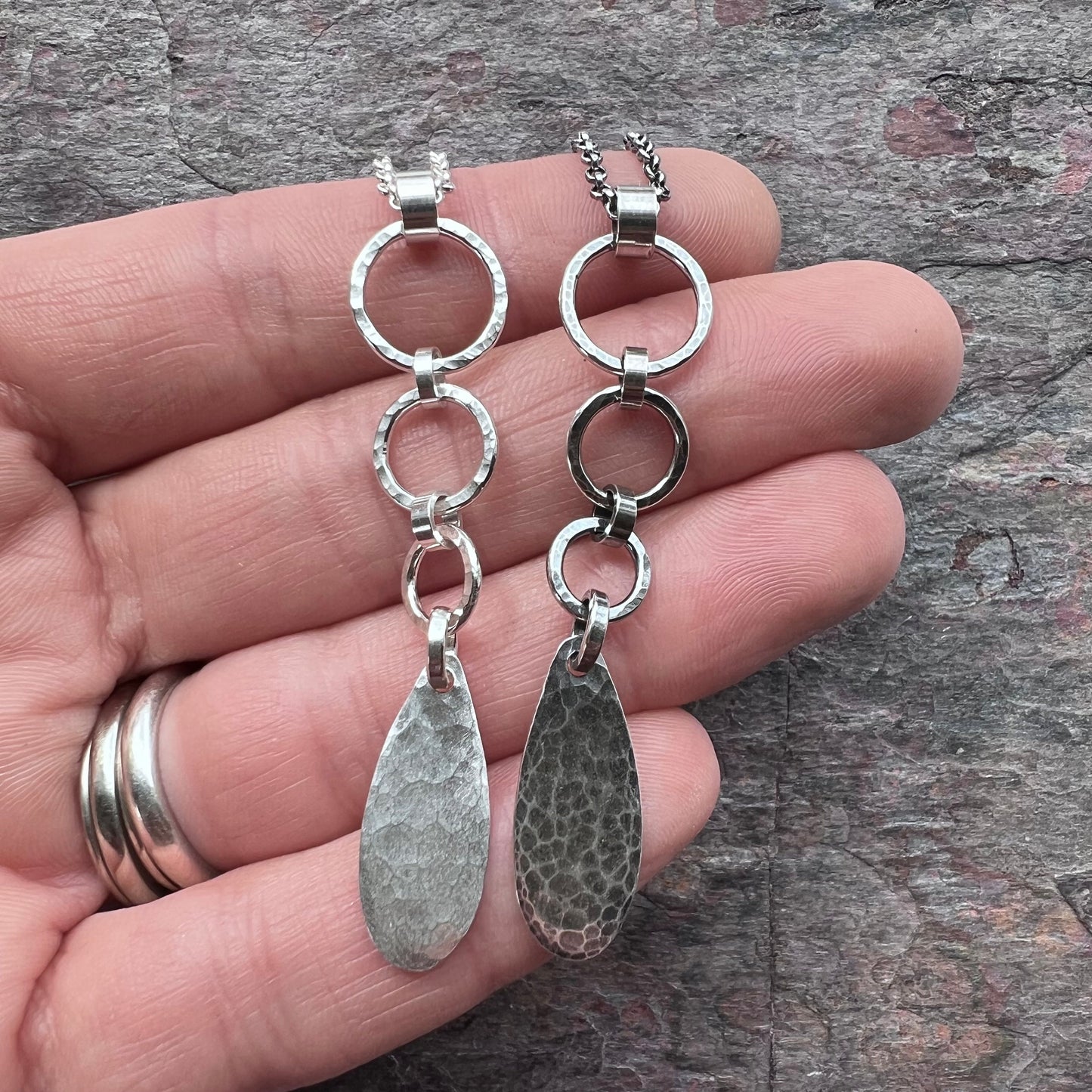 Sterling Silver Hammered Teardrop and Circles Necklace - Handmade Pendant on Sterling Silver Chain