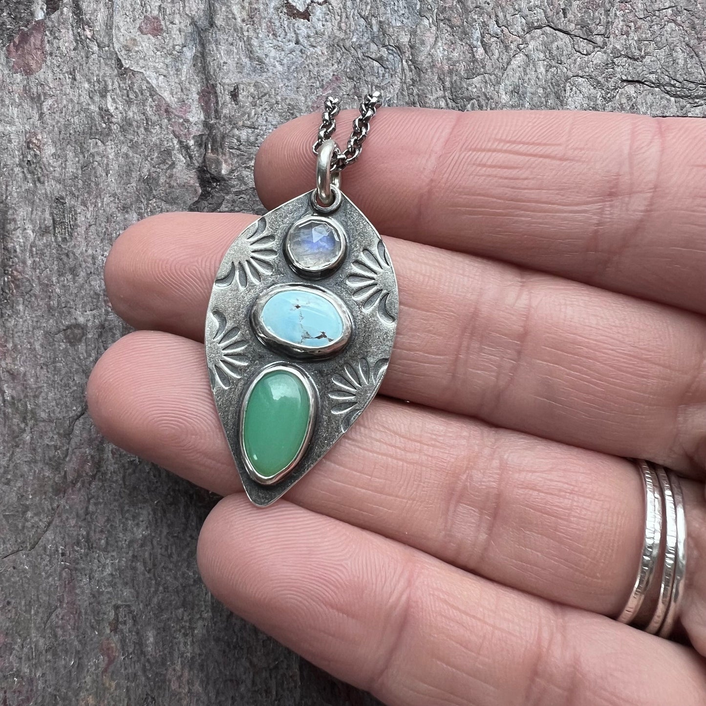 Sterling Silver Rainbow Moonstone, Turquoise, and Chrysoprase Necklace - Handmade One-of-a-kind Pendant on Sterling Silver Chain