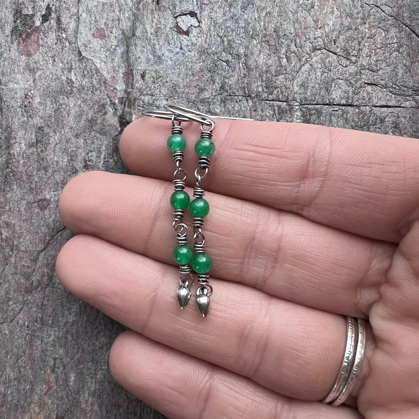 Sterling Silver Jade Earrings - Wire-wrapped Emerald Green Jade Earrings on Handmade Sterling Silver Earwires