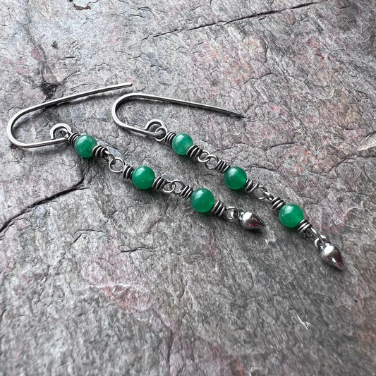 Sterling Silver Jade Earrings - Wire-wrapped Emerald Green Jade Earrings on Handmade Sterling Silver Earwires