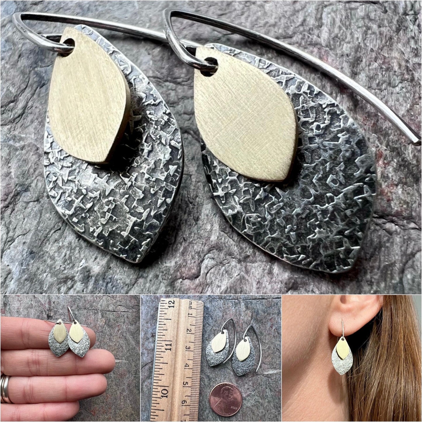 Sterling Silver Mixed Metal Earrings - Handmade Sterling Silver and Brass Petal Earrings
