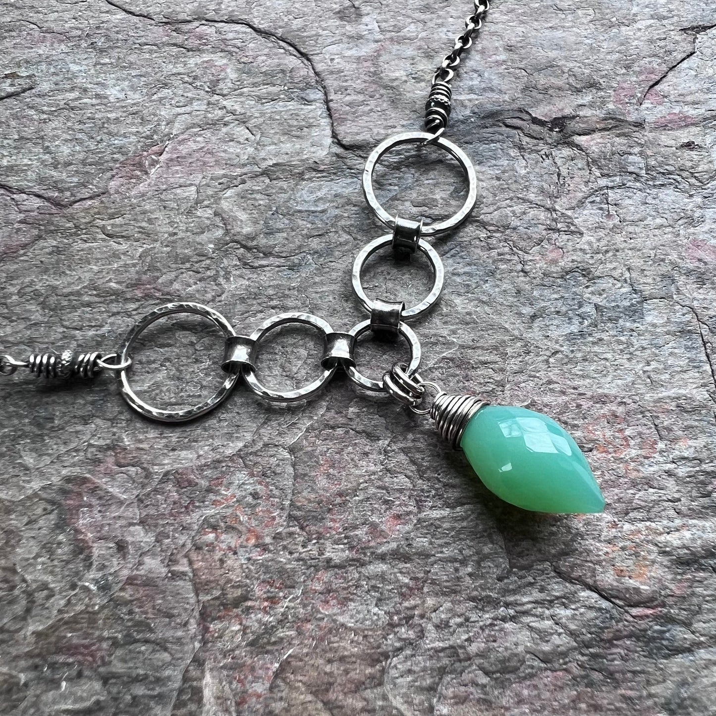Sterling Silver Chrysoprase Necklace - Genuine Chrysoprase Pendant and Hammered Sterling Silver Circles on Sterling Silver Chain