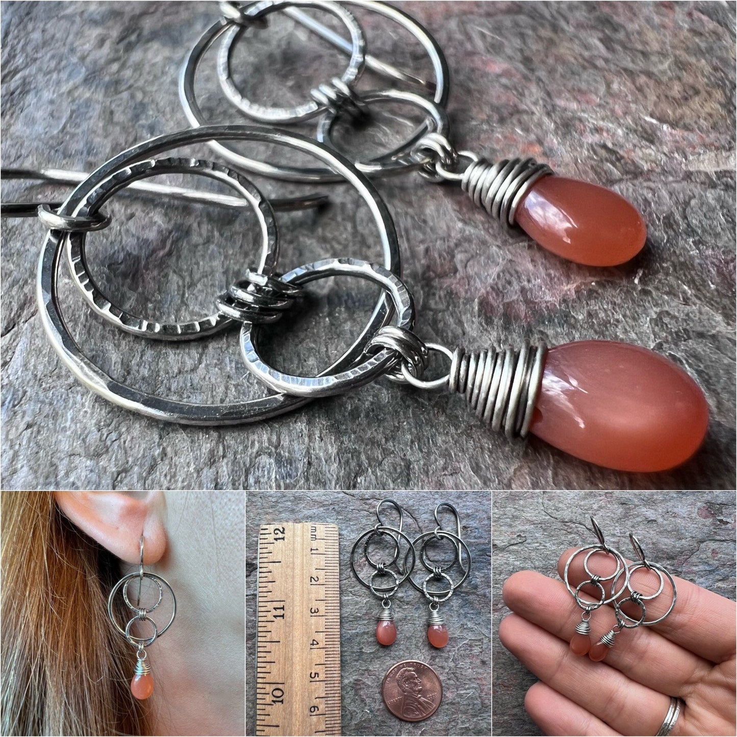 Peach Moonstone Sterling Silver Earrings - Peach Moonstone Teardrops and Hammered Circles on Sterling Silver Earwires