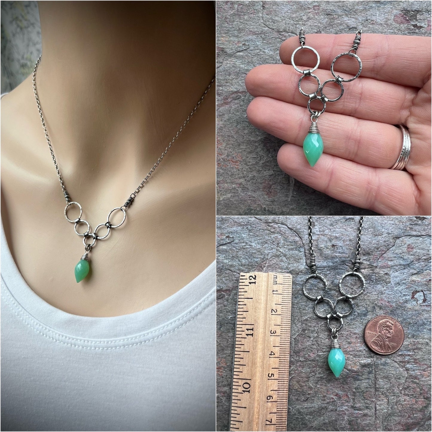Sterling Silver Chrysoprase Necklace - Genuine Chrysoprase Pendant and Hammered Sterling Silver Circles on Sterling Silver Chain