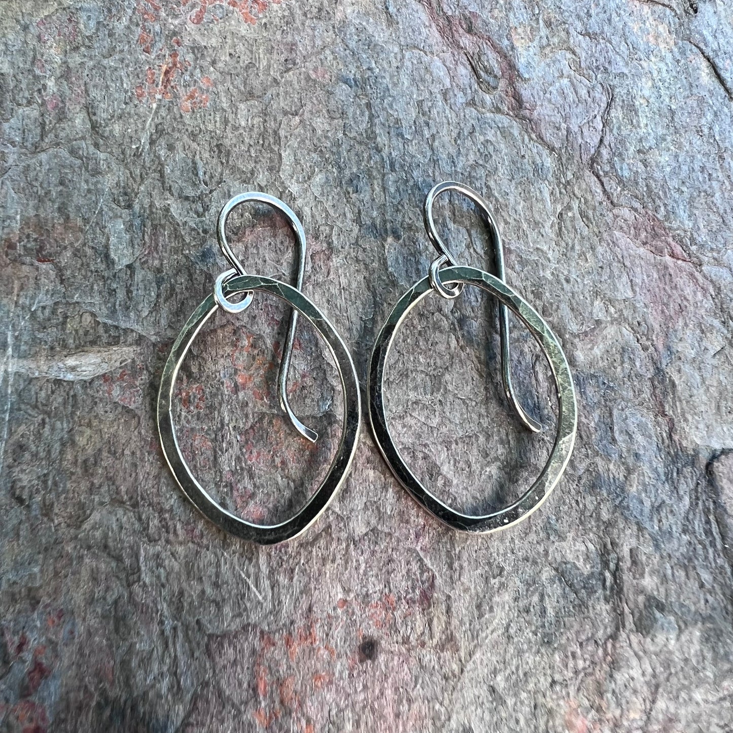 Sterling Silver Hammered Earrings - Handmade Sterling Silver Freeform Organic Oval Earrings