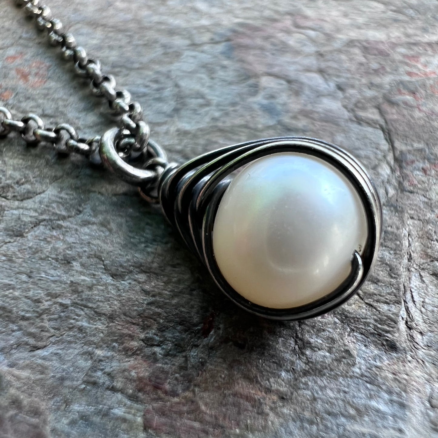 Sterling Silver Pearl Necklace - Genuine Freshwater Pearl Wire-Wrapped Pendant on Sterling Silver Chain