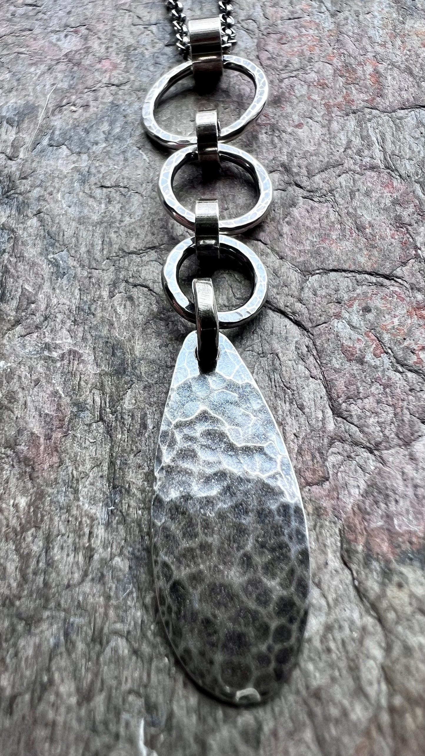 Sterling Silver Hammered Teardrop and Circles Necklace - Handmade Pendant on Sterling Silver Chain