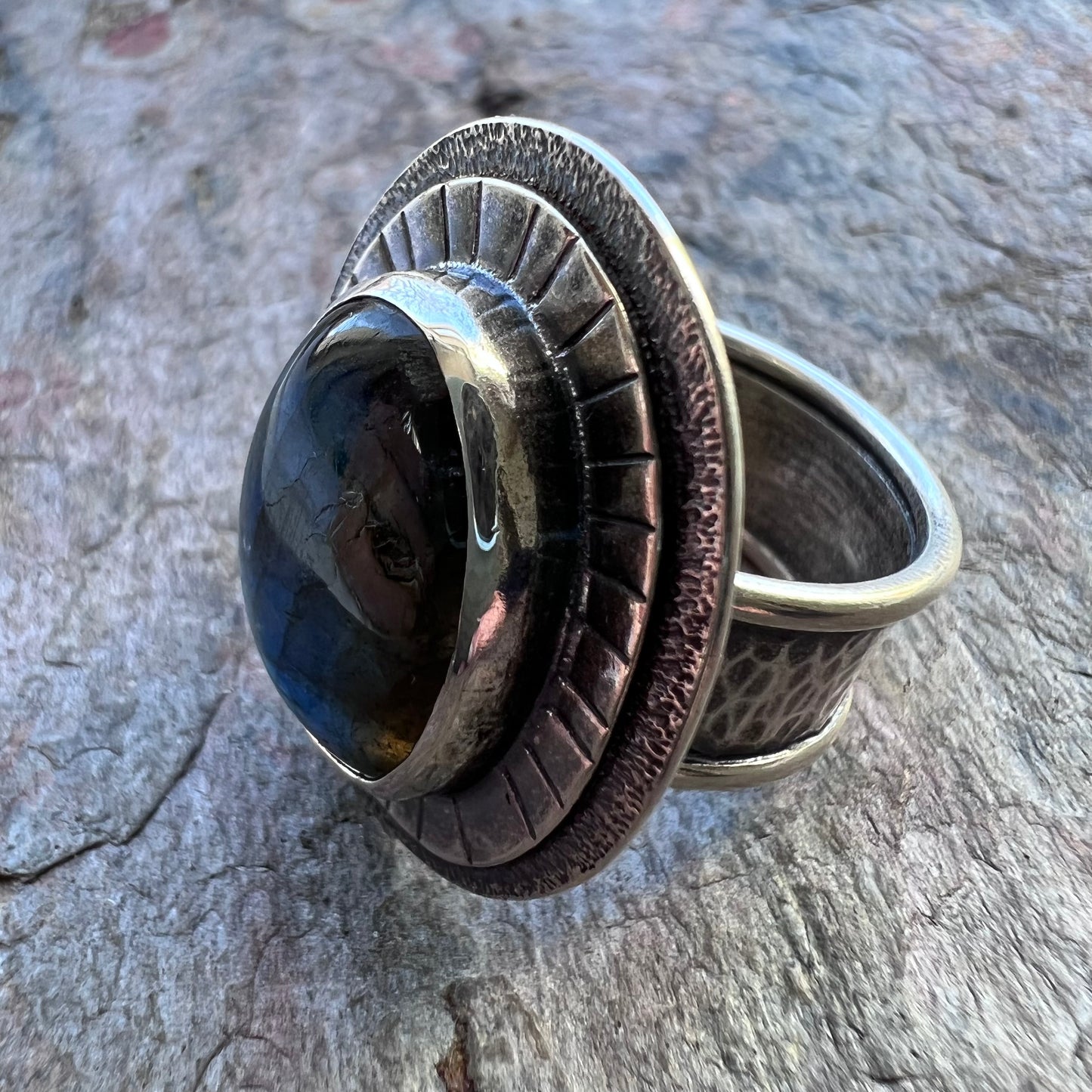 Labradorite Sterling Silver Ring - Handmade One-of-a-kind Labradorite Statement Ring on Hammered Silver Band - Size 10