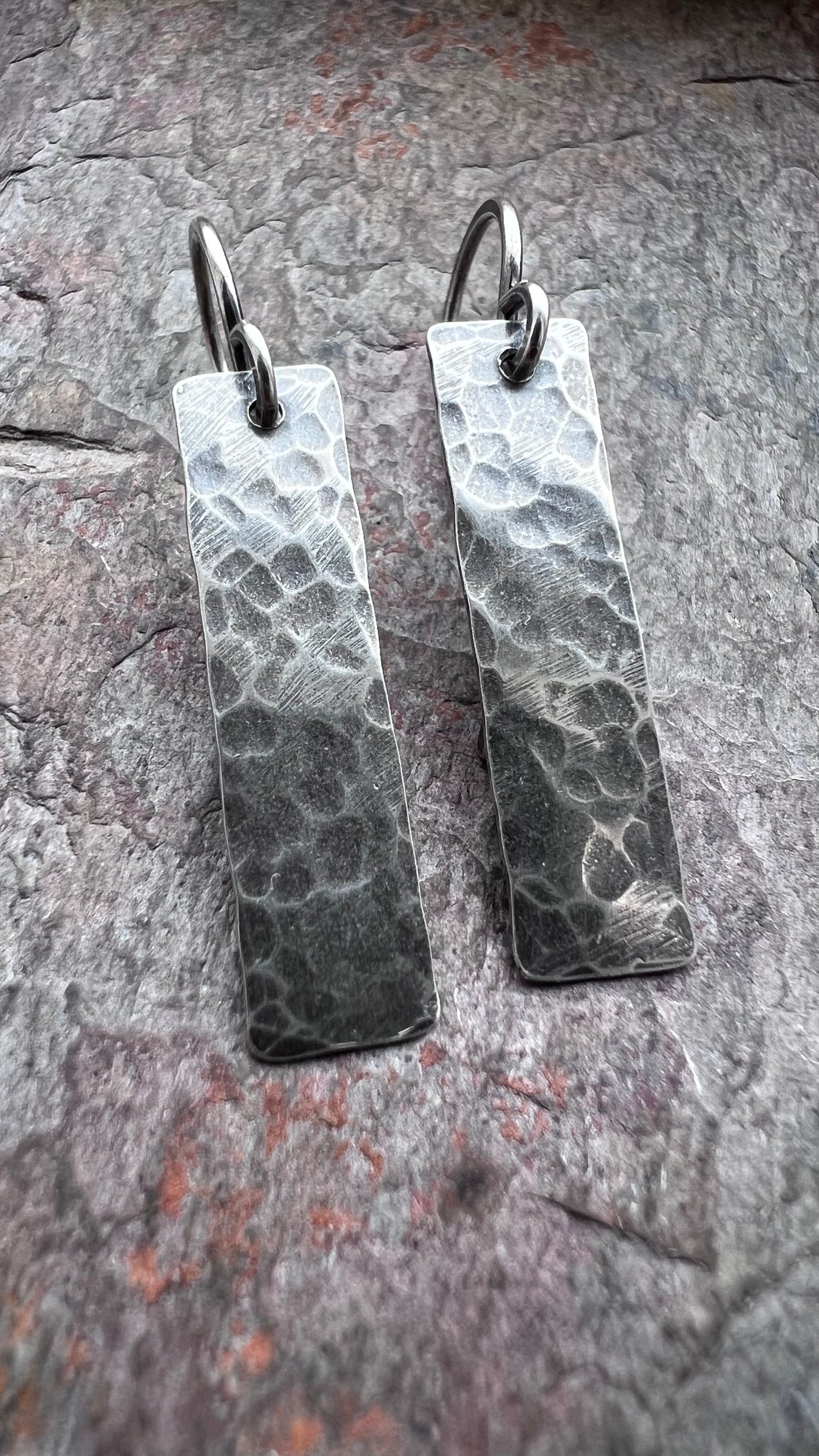 Hammered Silver Rectangle Dangle Earrings - Lightweight 1-inch Rectangle Sterling Silver Earrings