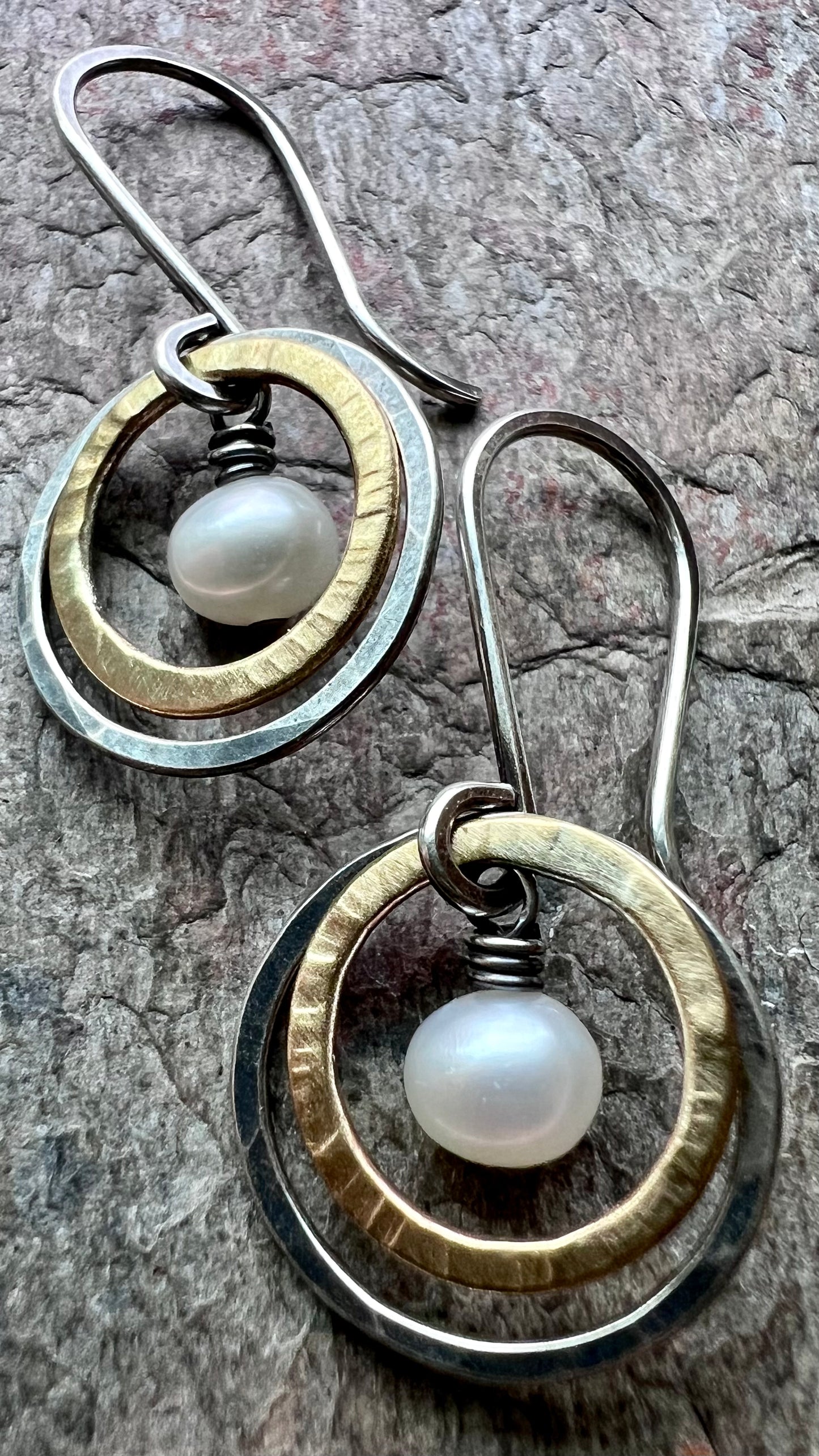 Sterling Silver Mixed Metal Pearl Earrings - Genuine Pearls in Hammered Silver and Brass Dangle Earrings