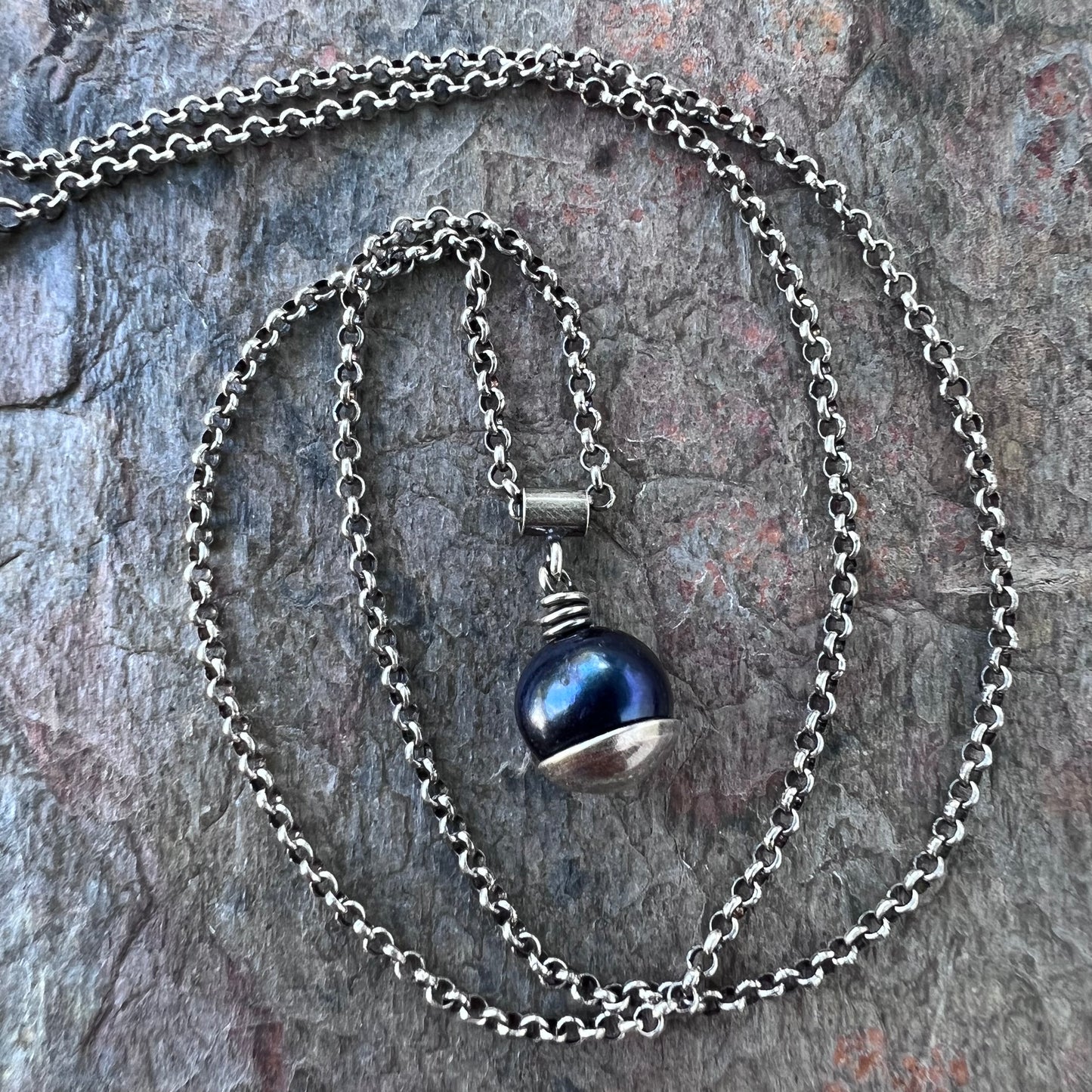 Black Pearl and Sterling Silver Necklace - Genuine Pearl Pendant on Sterling Silver Chain