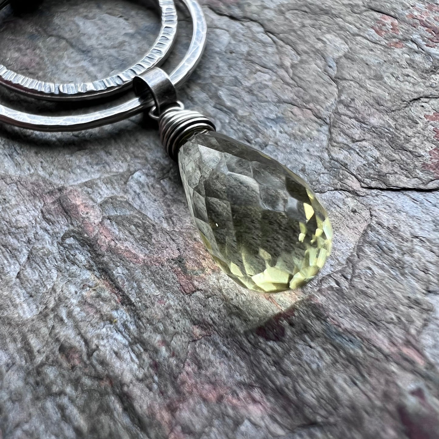 Sterling Silver Lemon Topaz Necklace - Genuine Lemon Topaz and Hammered Rings Pendant on Sterling Silver Chain - Handmade Jewelry