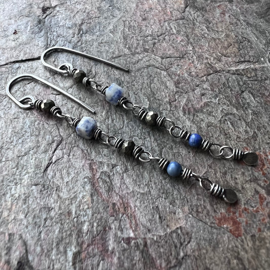 Lapis Lazuli and Pyrite Sterling Silver Earrings - Genuine Lapis Lazuli and Pyrite on Handformed Sterling Silver Earwires