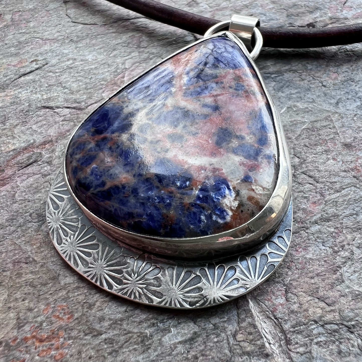 Large Sodalite and Sterling Silver Pendant Necklace - Handmade One-of-a-Kind Teardrop Pendant on Genuine Leather