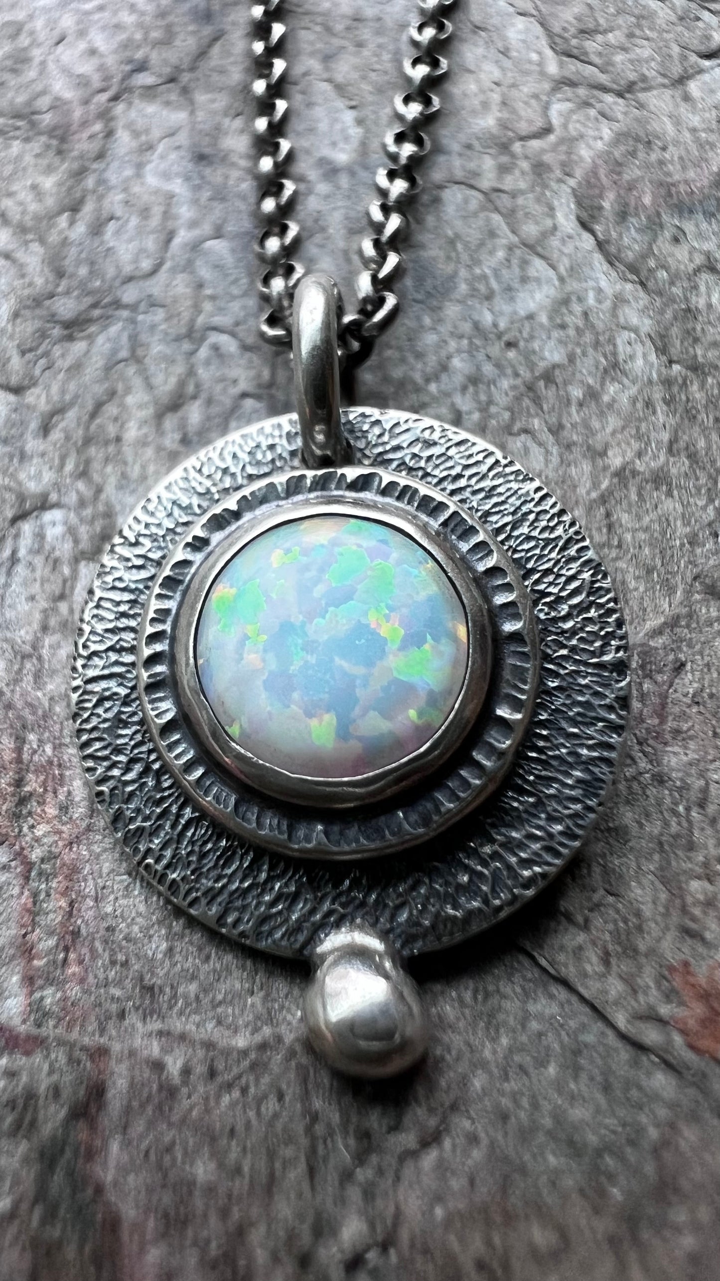 Sterling Silver Simulated Opal Necklace - Handmade Pendant on Sterling Silver Chain