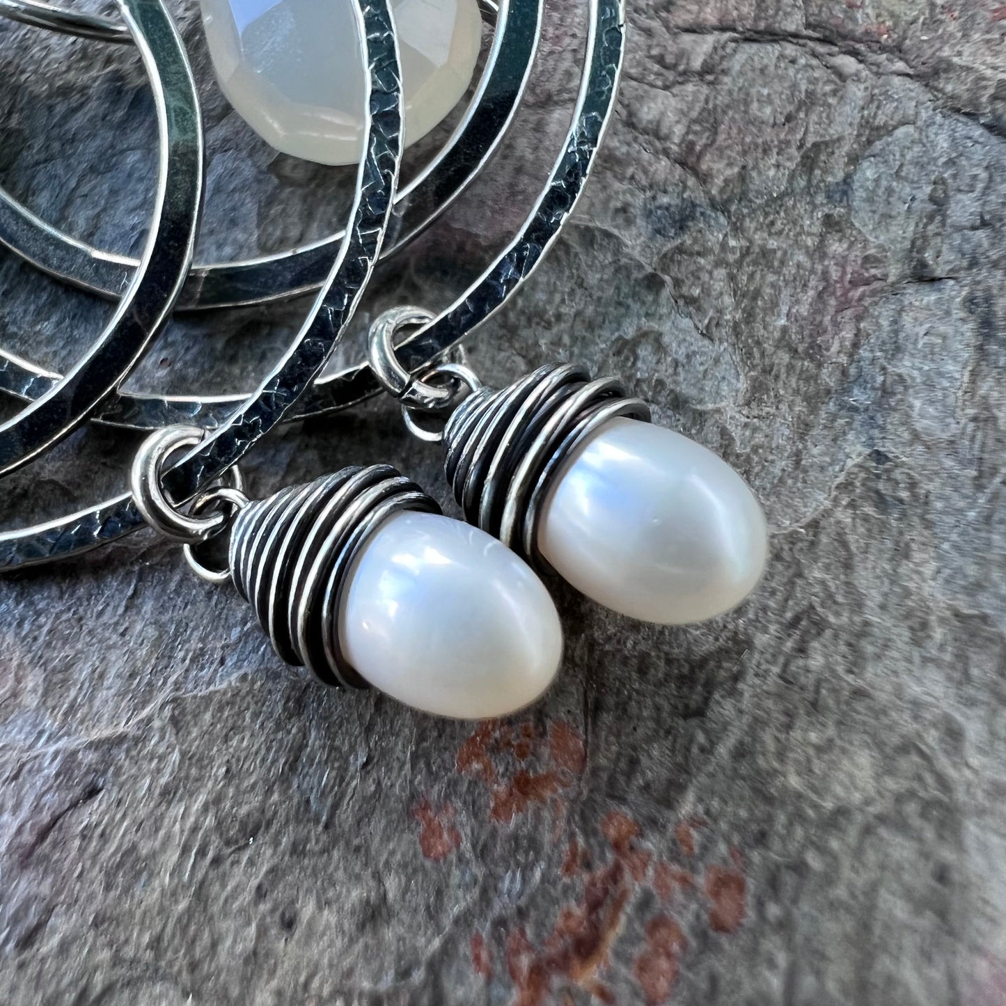 Sterling Silver Pearl and Chalcedony Earrings - Genuine Pearls and Chalcedony Teardrops Hammered Silver Dangle Earrings