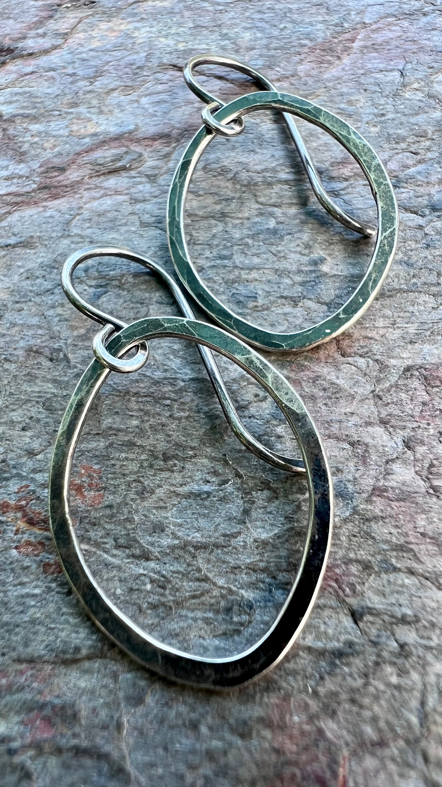 Sterling Silver Hammered Earrings - Handmade Sterling Silver Freeform Organic Oval Earrings
