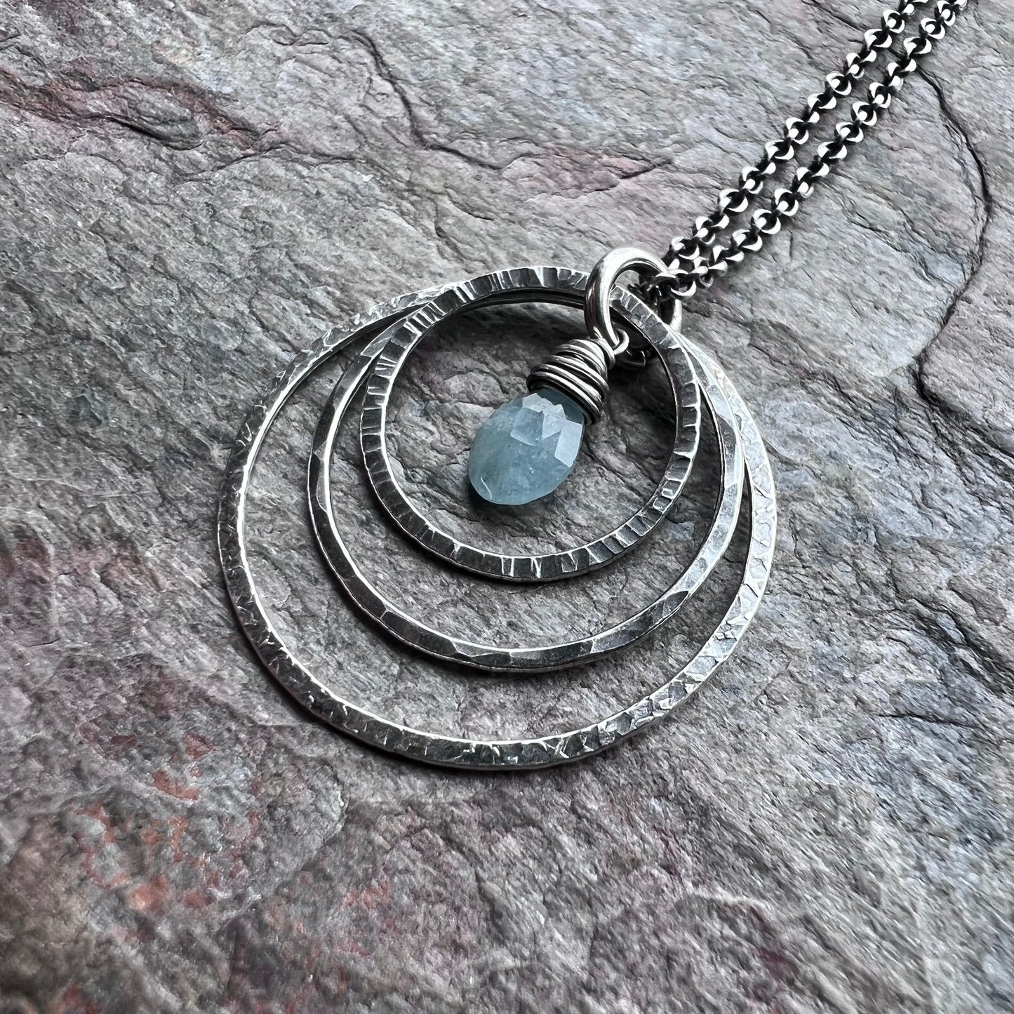 Aquamarine Sterling Silver Necklace - Genuine Aquamarine and Hammered Silver Rings Pendant on Sterling Silver Chain