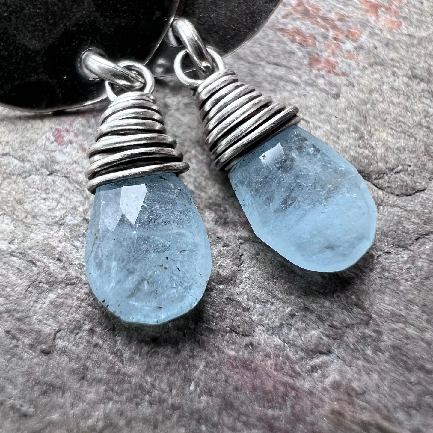 Sterling Silver Aquamarine Earrings - Genuine Aquamarine and Hammered Silver Stud Dangle Earrings - Handmade Jewelry