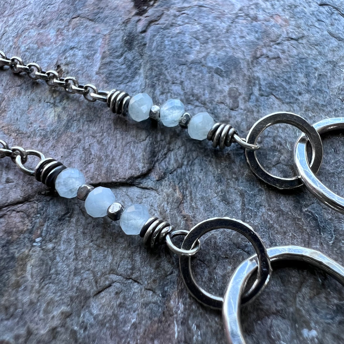 Aquamarine Sterling Silver Necklace - Genuine Aquamarine Rondelles and Hammered Sterling Silver Necklace