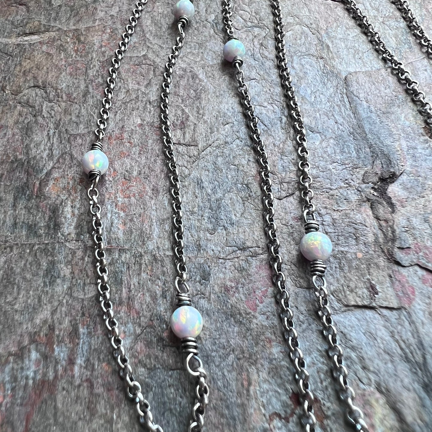 Long Sterling Silver Opal Necklace - Simulated Opal and Sterling Silver Chain Necklace