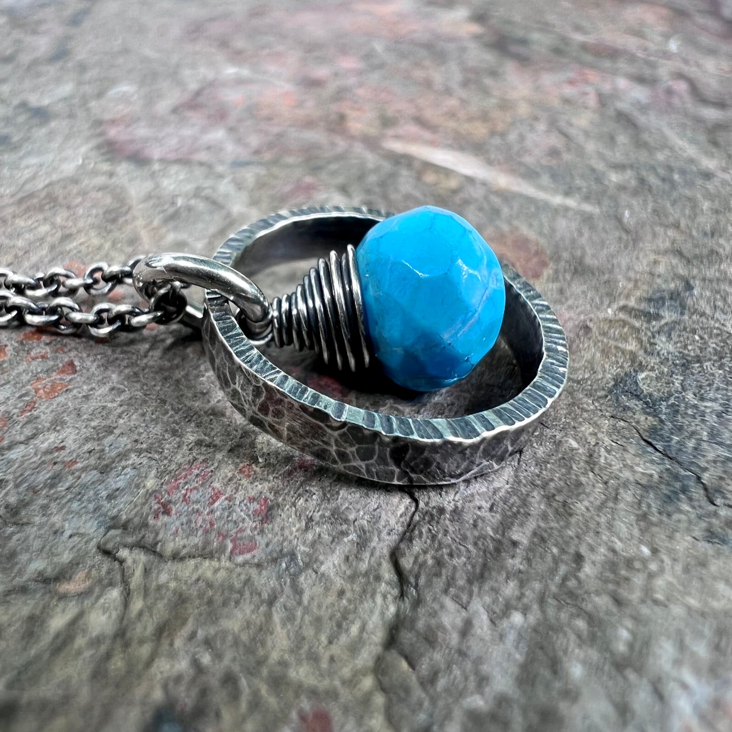 Turquoise Sterling Silver Necklace - Faceted Turquoise Pendant in Textured Circle on Sterling Silver Chain