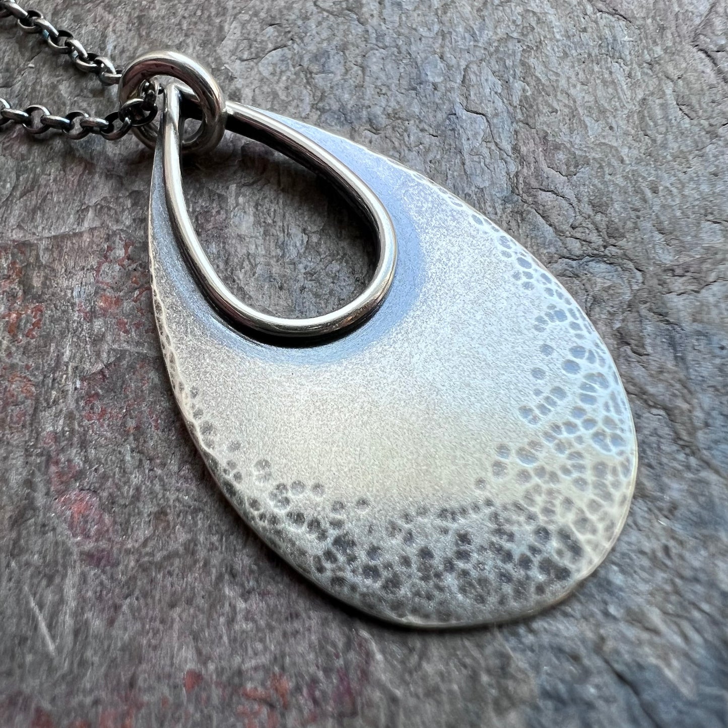 Sterling Silver Teardrop Necklace - Textured Sterling Silver Open Teardrop on Sterling Silver Chain