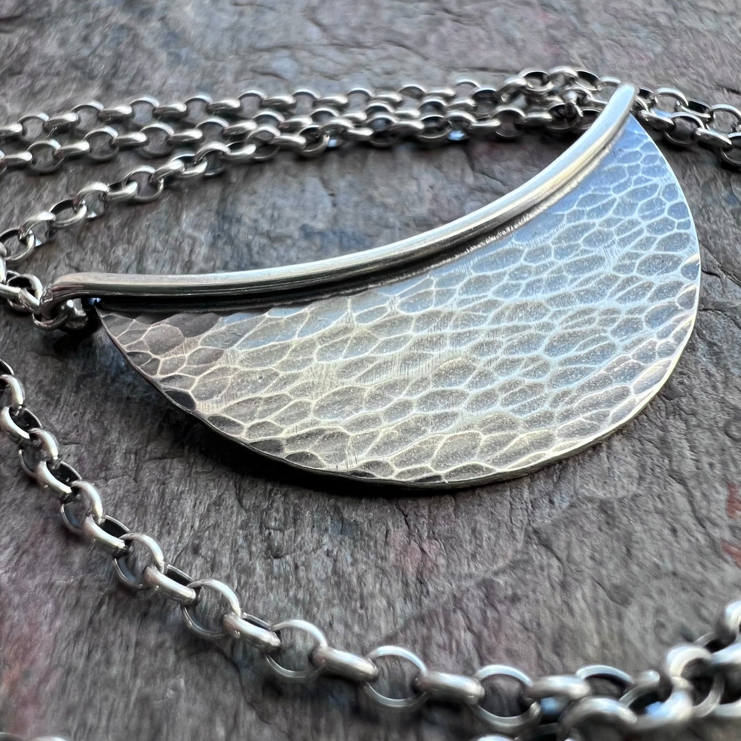 Sterling Silver Hammered Crescent Necklace - Handmade Sterling Silver Pendant on Sterling Silver Chain