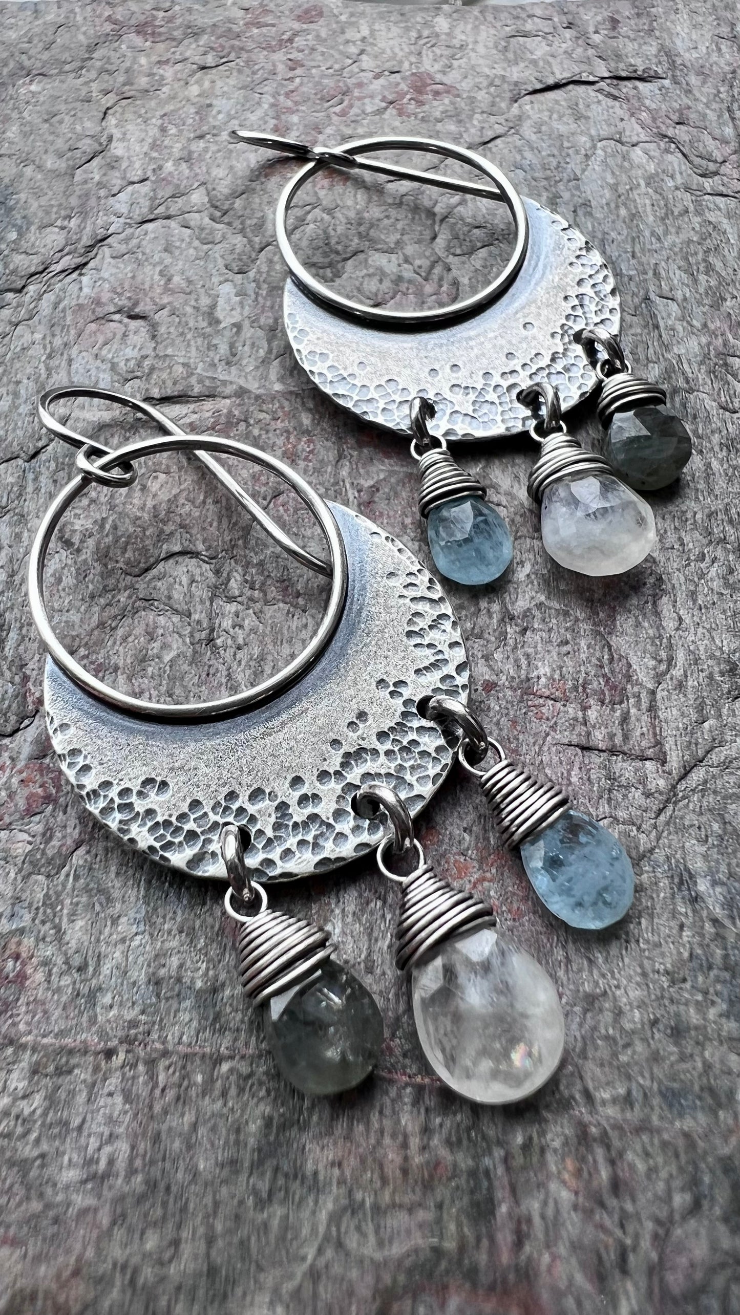 Moss Aquamarine, Moonstone, and Blue Aquamarine Sterling Silver Earrings