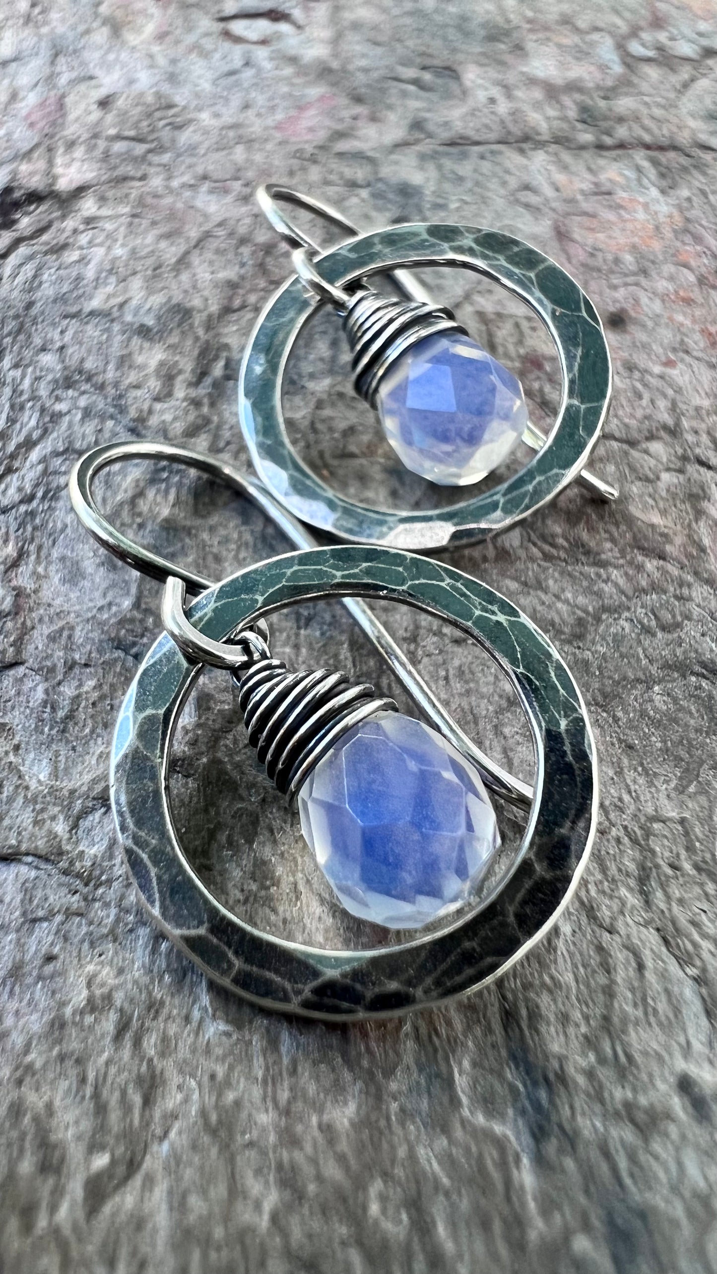 Opalite Sterling Silver Earrings - Faceted Opalite Teardrops in Hammered Circles on Handmade Sterling Silver Earwires
