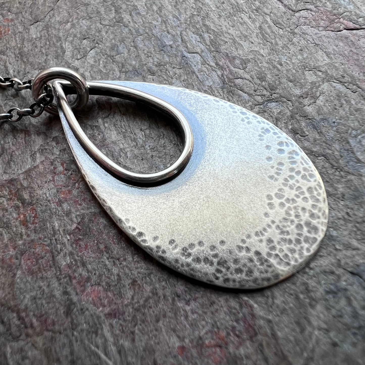 Sterling Silver Teardrop Necklace - Textured Sterling Silver Open Teardrop on Sterling Silver Chain