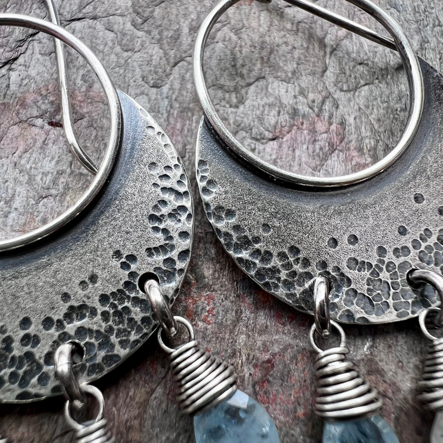 Moss Aquamarine, Moonstone, and Blue Aquamarine Sterling Silver Earrings