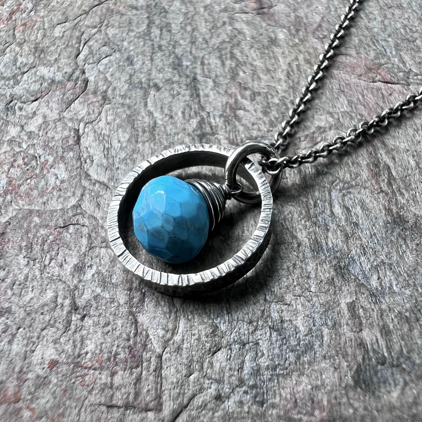 Turquoise Sterling Silver Necklace - Faceted Turquoise Pendant in Textured Circle on Sterling Silver Chain
