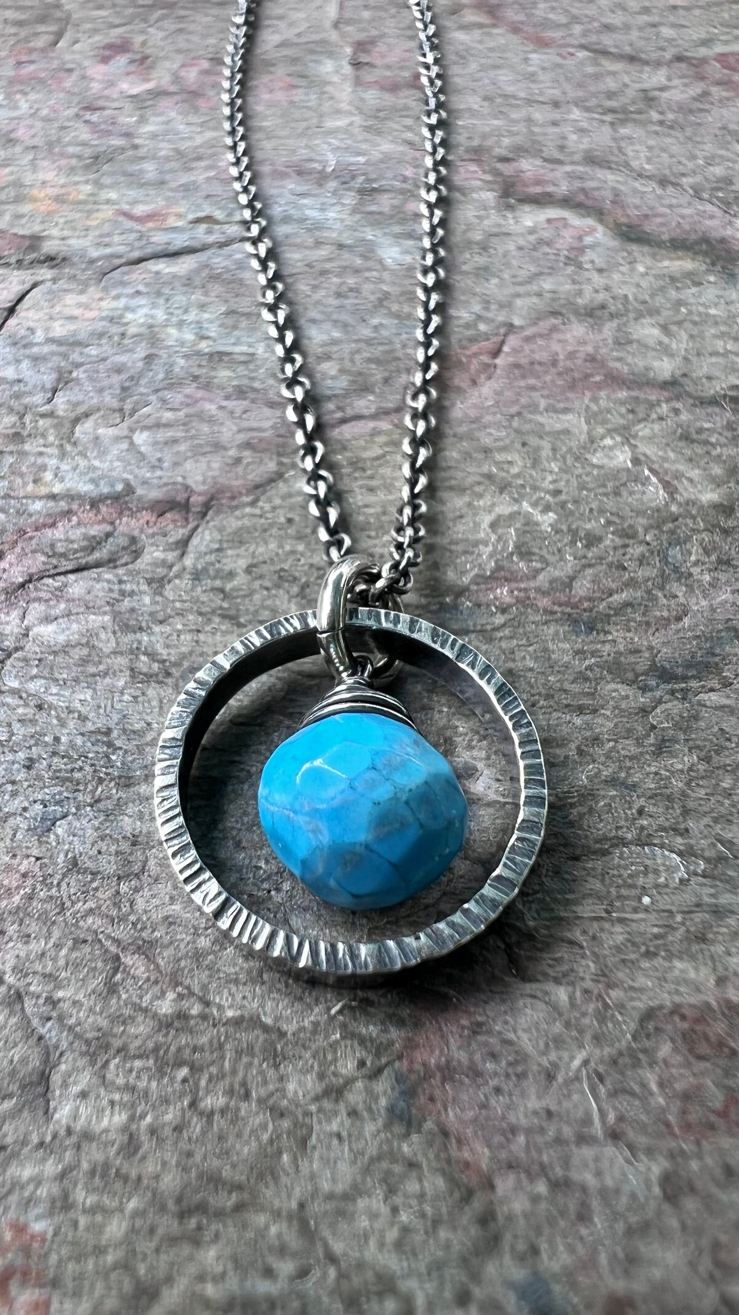 Turquoise Sterling Silver Necklace - Faceted Turquoise Pendant in Textured Circle on Sterling Silver Chain