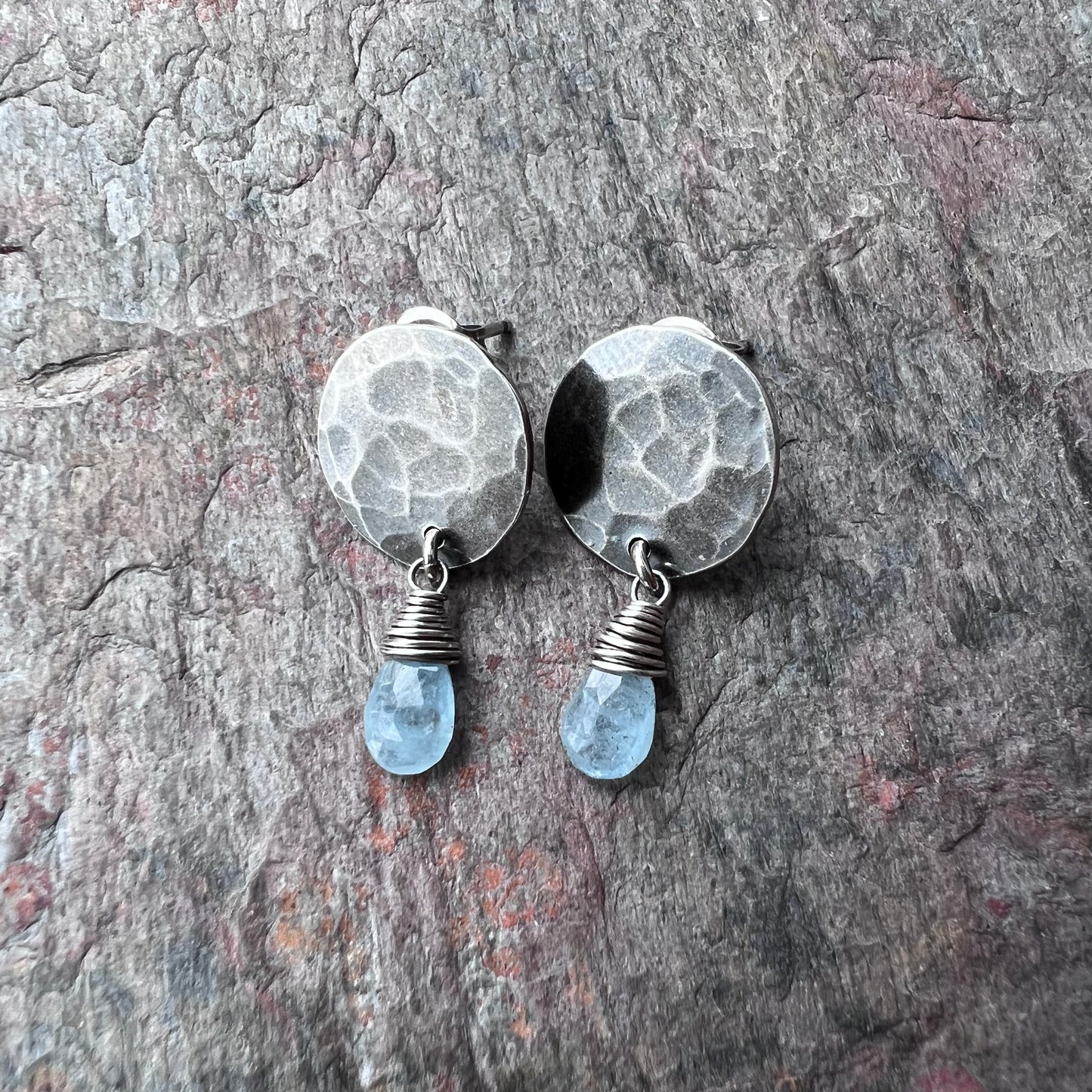 Sterling Silver Aquamarine Earrings - Genuine Aquamarine and Hammered Silver Stud Dangle Earrings - Handmade Jewelry