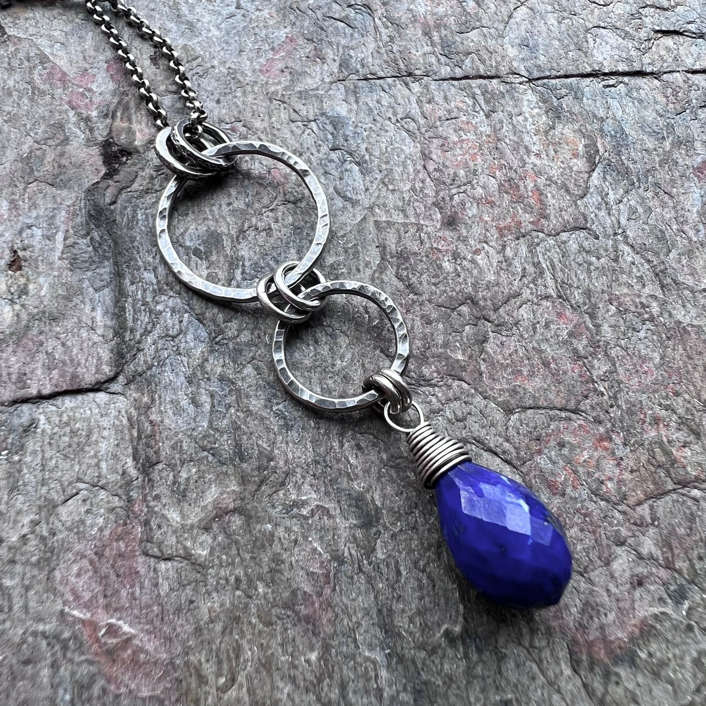 Lapis Lazuli Sterling Silver Necklace - Genuine Lapis Lazuli and Hammered Circle Pendant on Sterling Silver Chain
