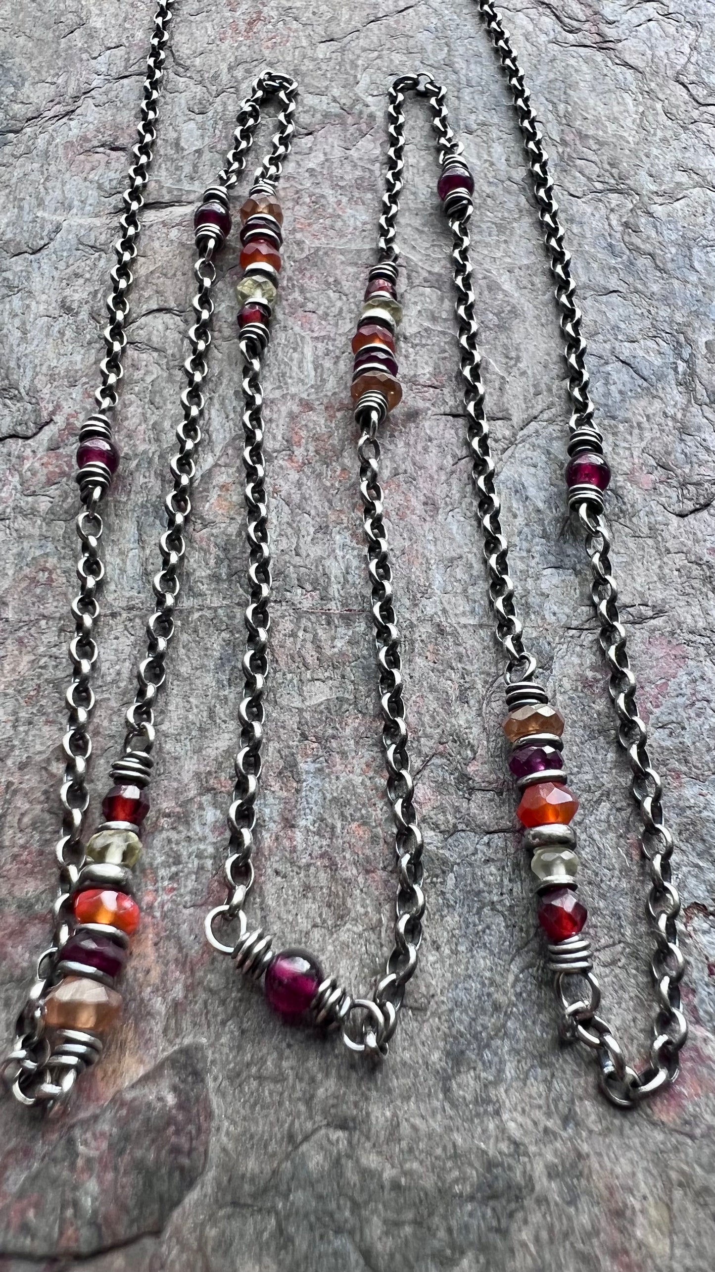 Garnet, Lemon Topaz, Carnelian, and Citrine Long Sterling Silver Necklace